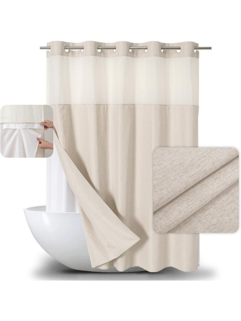 Luxury Extra Long Linen Textured Shower Curtain Set with Snap-in Liner